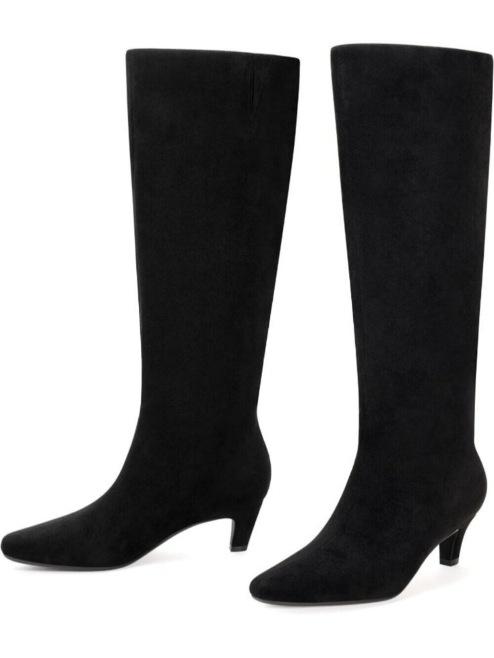 Women's Black Suede Knee High Boots Chic Kitten Heel Tall Boots Square Toe